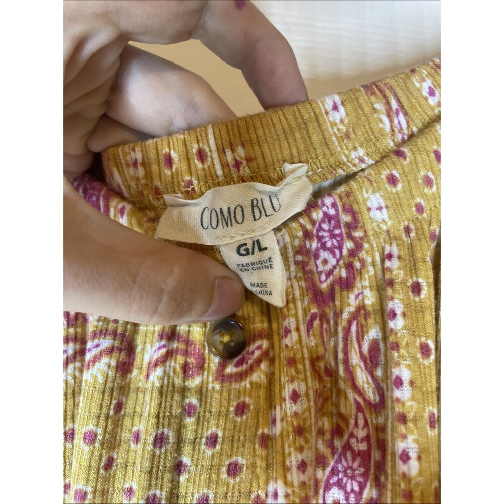 Como Blu Mustard Boho Peasant Blouse L Paisley Print Button Front Drawstring - Picture 6 of 8
